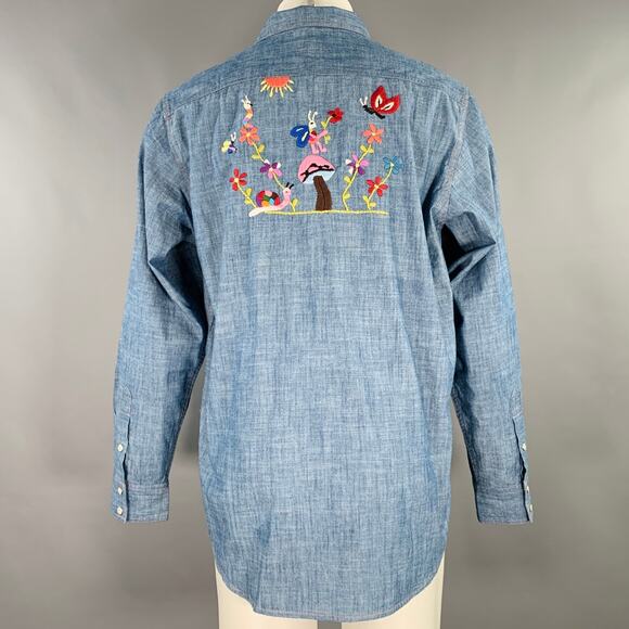 NEEDLES Size L Blue Multi Color Embroidery Chambray Snaps Long Sleeve Shirt - Picture 4 of 7